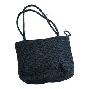 The Sak Black Crochet Knit Bohemian Shoulder Bag Zipper Closure Medium Size